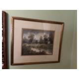22 1/2“ x 19 1/2“  Nicely matted and framed picture of Wooded area with cabin. Can’t make out signature. Butarnd?