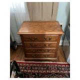￼ Four drawer solid oak chest with brass handles. 22“ x 15“ x 22 1/2“.