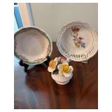 Stratfordshire find bone China floral figurine-does have a chip on leaf, a 5 inch Bavaria articulated floral bowl  and a 4 3/4” vintage Hotel Peabody Memphis, Tennessee Lamberton Scammel small bowl.
