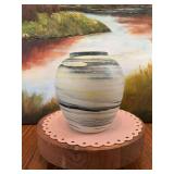 Blue and white with yellow swirl pottery vase. 5 1/4“ x 6“ signed Barb L