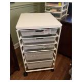Elfa five drawer metal mesh rolling storage cart with metal frame and laminate top. 17 and three-quarter inches by 17 1/4” x 21“ x 32 3/4”