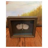 Gold and brown framed with teal background shell art with pearl. 7” x 6”