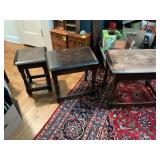 Vintage Priory oak joint tutor style nesting tables. The largest is 24” x 14 1/2” x 18 1/2” the middle table is 17 1/2” x 13” x 17 and the smallest is 12 1/4” x 11 1/2” x 17.