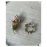 2 vintage brooches..enameled floral tulips from Austria and gold Krementz pearl circle.
