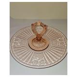 Anchor Hocking Mayfair (Open Rose) Pink Depression Glass center-handled sandwich serving tray, produced during the 1930s. 12-in diameter