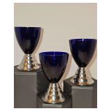 Three highly collectible Art Deco "Blue Moon" cobalt blue glass and chrome cordial glass made by the Chase Brass & Copper Co. in the 1930s. 3.5 in tall.