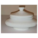 French white opaline or milk glass lidded vanity jar or powder box marked MODELE DEPOSE.