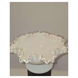 Fenton Silver Crest Milk Glass Compote Bowl with milk glass body and clear ruffled edge. 8x4 in tall.