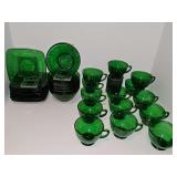 11 Anchor Hocking Charm forest green Square saucers,  7 forest green 5.5-in bowls, and 14 forest green punch cups.