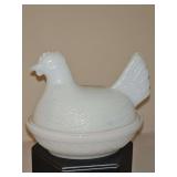 Opaque white pressed glass/ milk glass HEN ON NEST.