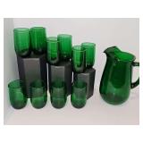 Anchor Hocking 22 oz Green Ice Lip Juice Pitcher and 10 juice glasses.