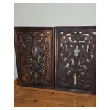 Two framed wooden architectural panels with an intricate scrollwork and pierced relief design with mirror behind panel. Can be hung vertically or horizontally 13.75 x 22 in