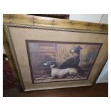Framed greyhound print GREYHOUNDS WITH GOLD COLLARS by Elaine Vollherbst-Lane, featuring two regal dogs with ornate gold collars. 47x39-in tall.