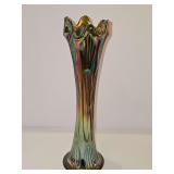 Fenton (?) Green Iridescent Diamond Rib Swung  Carnival Glass Vase 12 in tall.