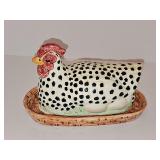 Porcelain hen on nest covered butter dish. 7.5 x 4.5 in tall.