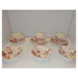 J & G Meakin Tudor Roses Pink three flat coffee cups and saucers, two bread plates, two dessert plates, three berry bowls.