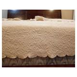 Lightly Used cream-colored matelassé coverlet,  embossed scrolling floral vine pattern and elegant scalloped edges. And 2 Shams. Guessing Queen approx 95"W. It