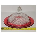 Indiana Glass Diamond Point Ruby Red Flash Oval Covered Butter Dish. Flea bite found as shown in photos.