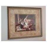"Long-eared rabbits in a cage watched by a cat" by British artist Horatio Henry Couldery, set in a rustic wood-toned frame with a textured beige and gold-trimmed double mat.