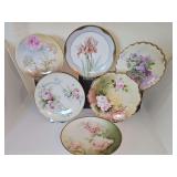 Six vintage/antique hand-painted plates. 8.25-9 inch diameter