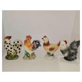 Grouping of ceramic hands and roosters. 6.75-7.75 in tall.