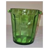 Antique green depression glass ice bucket featuring an etched floral pattern and paneled sides. Doesn