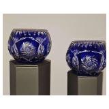 Two cobalt blue cut-to-clear rose bowl with a prominent starburst. 3.5 in diameter x 2.75 in tall.
