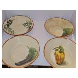 Four Williams-Sonoma pasta bowls. Two with eggplant motif, one with olive, and one with bell pepper. 10 inch diameter x 2.5 in tall.