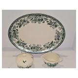 Claytan Diana Rose Jade Green ceramic 10.25x 14-in platter, lidded sugar Bowl and creamer.