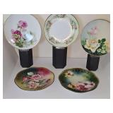 Five vintage/antique hand-painted plates. 9.5-10.5 inch diameter