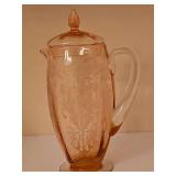 RARE Tiffin Flanders Etched Pink Depression Glass Water Pitcher from the Tiffin Glass Company. 12 in tall including lid. C. 1927 I felt a couple of flea bites on interior of lid. Difficult to see them