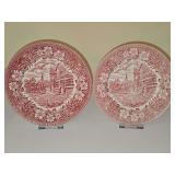 Two Royal Tudor Ware "Coaching Taverns 1828"  made in Staffordshire, England, likely dating from the 1950s to 1960s, with a stagecoach and post office scene surrounded by a floral border in printed un