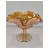 Marigold carnival glass footed  candy dish with  ruffled edge and grape pattern. 6.25x4.75 in tall.