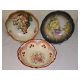 Three decorative hand-painted (2) vintage/antique bowls. 9.5 in - 10 in diameter