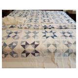 Machine stitched quilt top in 4 pieces down the middleish and 2 side borders. Large star block pattern, blues and white colors, nautical, stripes, plaids, approx if finished 91" x 100".