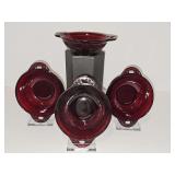 4 Anchor Hocking Royal Ruby Coronation reticulated handled desert bowls. 4.5 in diameter not including handle.