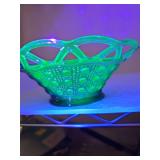 Green pressed glass Imperial Glass Open Lace Edge Bowl in Stiegel Green. Cane and Button pattern. 6.5 x 2.25 in tall