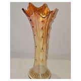 Mid-century Dugan Marigold Iridescent Carnival Glass swung vase. 10 1/8 in tall