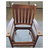 Antique National Chair Manufacturers Mission-style oak armchair with solid quarter-sawn construction and distinctive pegged arm joints. Needs seat cushion. 26.25 x 20 x 37.5 in tall. Seat height 15 in