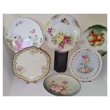 Six beautiful vintage/antique hand-painted plates. Three with reticulated handles, one with reticulated edge. 9.5-10.5 inch diameter