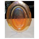 Marigold iridescent oval serving platter in the Normandie (Bouquet & Lattice) pattern. C.1933 - 1940. 8.5 x 12 in.