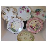 Six beautiful vintage/antique hand-painted plates with reticulated handles. 9.5-10.5 inch diameter