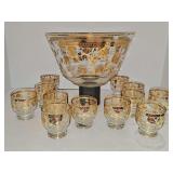 MCM Highly Desirable Culver Gold Chantilly punch bowl and 12 cups with 22k gold embellishment. Some gold fading to the top rim of punch bowl.