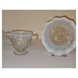 1940s Anchor Hocking Moonstone opalescent hobnail footed open sugar bowl and Moonstone Opalescent Hobnail Bowl.