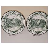Two Timberlake Camp 166 green transferware plates by International Tableworks, featuring a rustic campsite design from a genuine hand engraving by Bob Timberlake. 7.75 in diameter