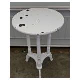 Wooden side table with three spindle legs. Can you shabby chic or refinish. 16 in diameter x 23.75 in tall.