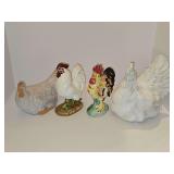 UCGC porcelain hen, ceramic white rooster, Japan rooster cocktail pics or skewers holder, and white cast resin rooster.