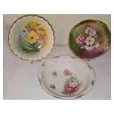 Three decorative hand-painted vintage/antique bowls. 9.5 in - 10.5 in diameter