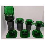 Anchor Hocking Charm Forest Green 4.75 in bowls,  flat cup and square saucer set from the 1950s. Six of each.