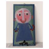 Authentic and original signed Mose T Folk featuring a lady with a blue dress and painted lips - with signature soda can tab hanger - 7-1/4 x 14